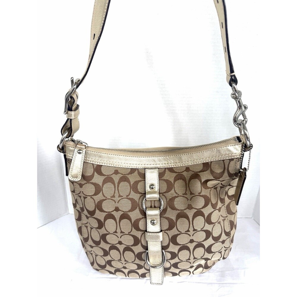 Coach F14446 Signature Jacquard Canvas Hobo Shoulder Bag Khaki Brown Gold Trim